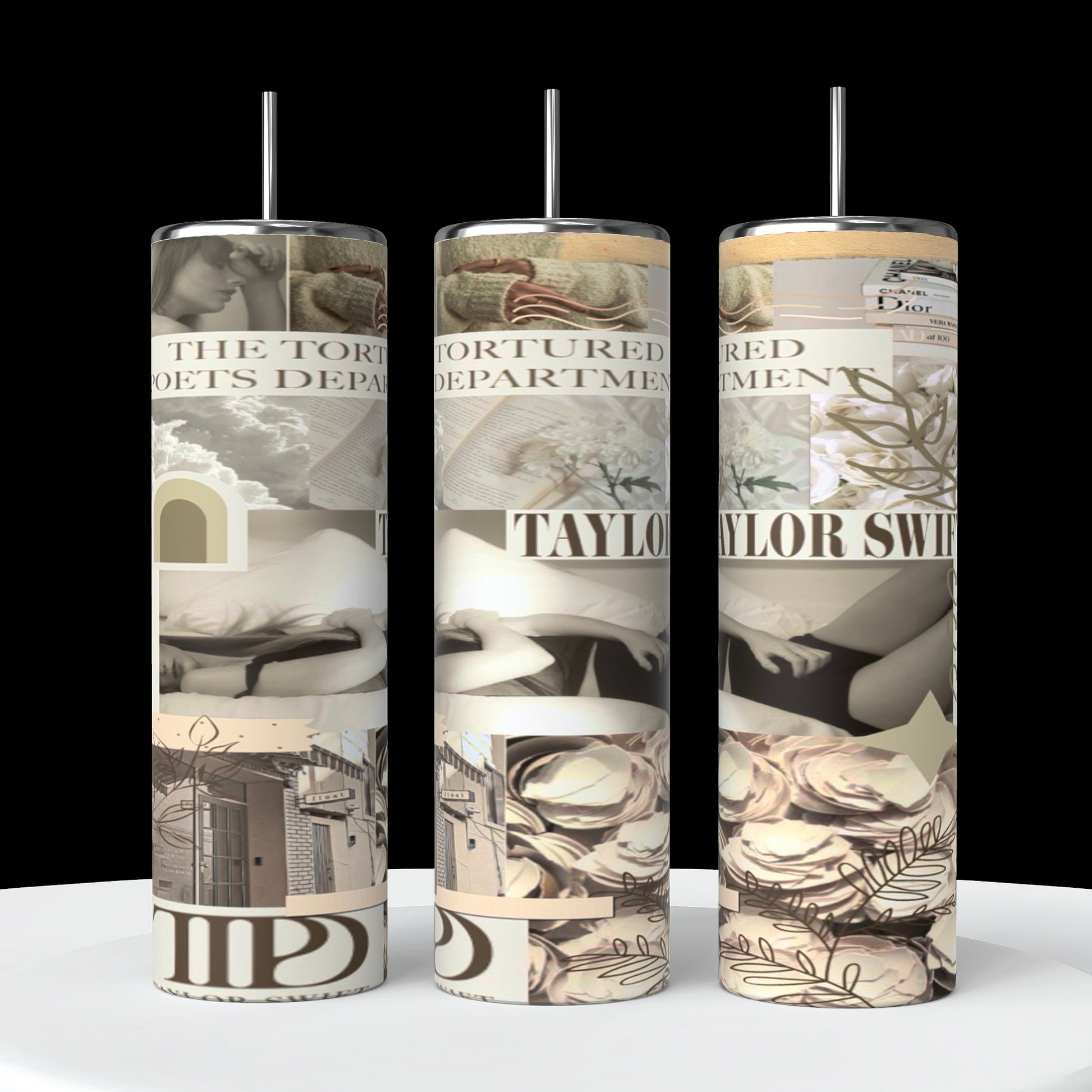 3 tall cylinder tumblers showing all sides of the beige colored sublimated image on the tumbler with a picture of Taylor Swift from her new TTPD era, with the words “Taylor swift”, TTPD, “the Tortured Poets Department” written in the image with other key images from the TTPD era