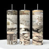 3 tall cylinder tumblers showing all sides of the beige colored sublimated image on the tumbler with a picture of Taylor Swift from her new TTPD era, with the words “Taylor swift”, TTPD, “the Tortured Poets Department” written in the image with other key images from the TTPD era