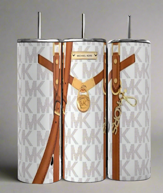 Three insulated, handmade Kreative Kreationz Michael Kors Design Inspired White and Brown 20oz Tumblers each boast a 20 oz capacity and an abstract design. Each tumbler features a white background with light gray 