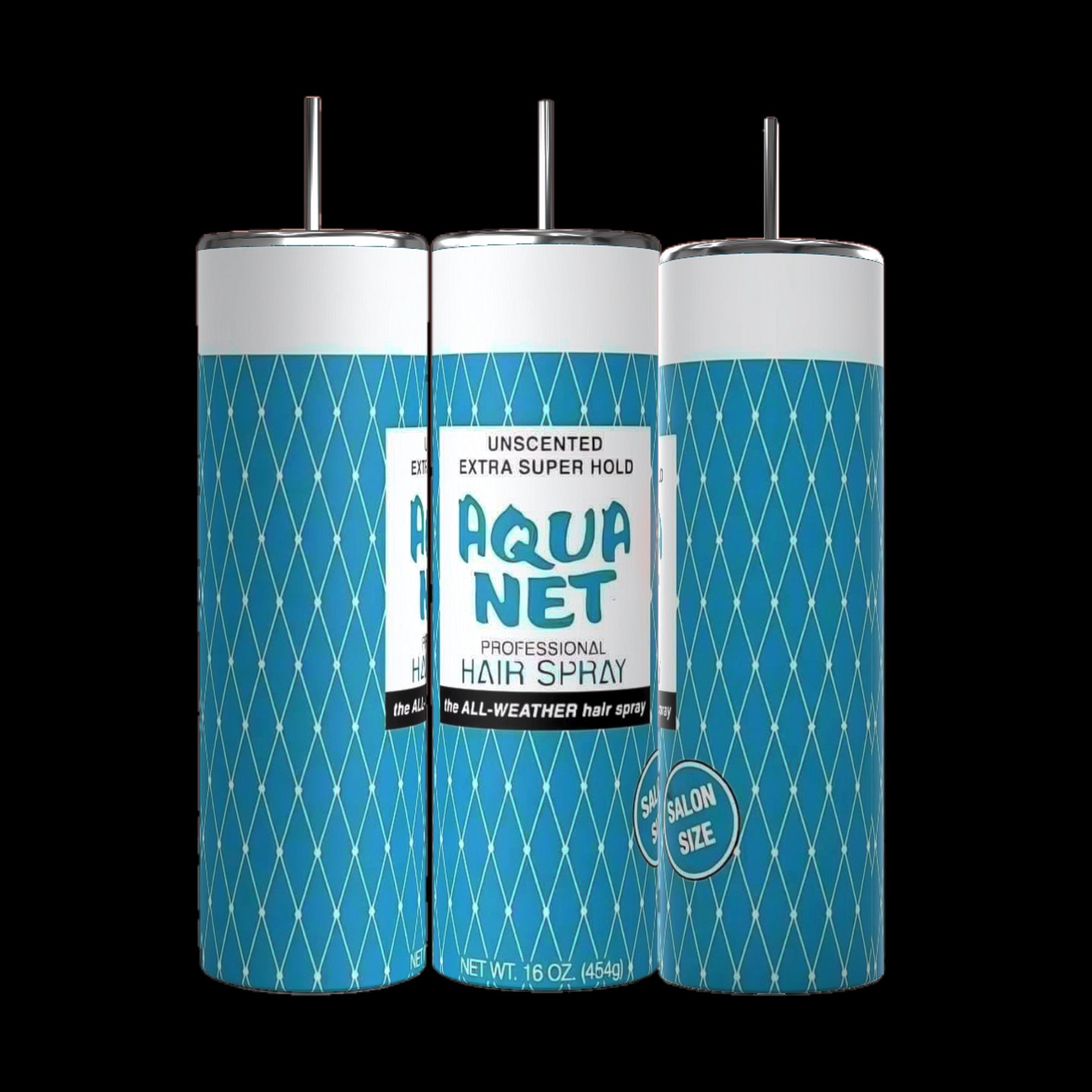 Three cans of Aqua Net Professional Hair Spray are shown against a black background. The cans, reminiscent of an Aqua Net Teal 20oz Tumbler from Kreative Kreationz, are labeled as "Unscented Extra Super Hold" and feature a blue and white diamond pattern with silver caps and spray nozzles. Each can contains 16 oz (454g).