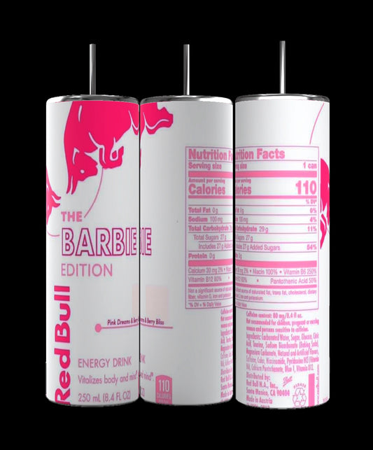 Three cans of an energy drink, "The Barbie Edition," are showcased in vivid pink. The front displays the iconic Red Bull logo, with nutrition details on the reverse. Featuring a predominantly white design with pink highlights, they match seamlessly with the Kreative Kreationz Barbie Edition 20oz Tumbler for a chic sip experience.