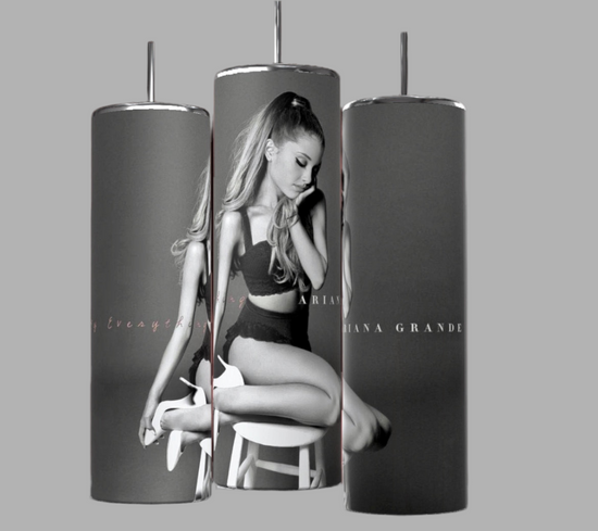 Three Ariana Grande Thank You Next 20oz Stainless Steel Tumblers from Kreative Kreationz are shown, each featuring a grayscale image of a woman sitting on a stool in a black outfit. The text 