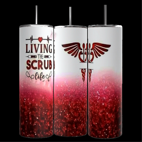 Three Kreative Kreationz Scrub Life inspired 20oz Tumblers with a red glitter gradient design and black straws. The first tumbler showcases the phrase "Living the Scrub Life" with syringe and heart graphics, while the middle and last tumblers feature a caduceus symbol, representing the medical profession. Spill-proof lids included.