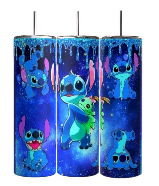 These three lively, handmade tumblers from Kreative Kreationz highlight a dynamic blue alien character engaging in playful antics against a starry night backdrop. Each Stitch Glitter 20oz Tumbler showcases the character holding a small green creature, embellished with shimmering sparkles and drippy blue accents.