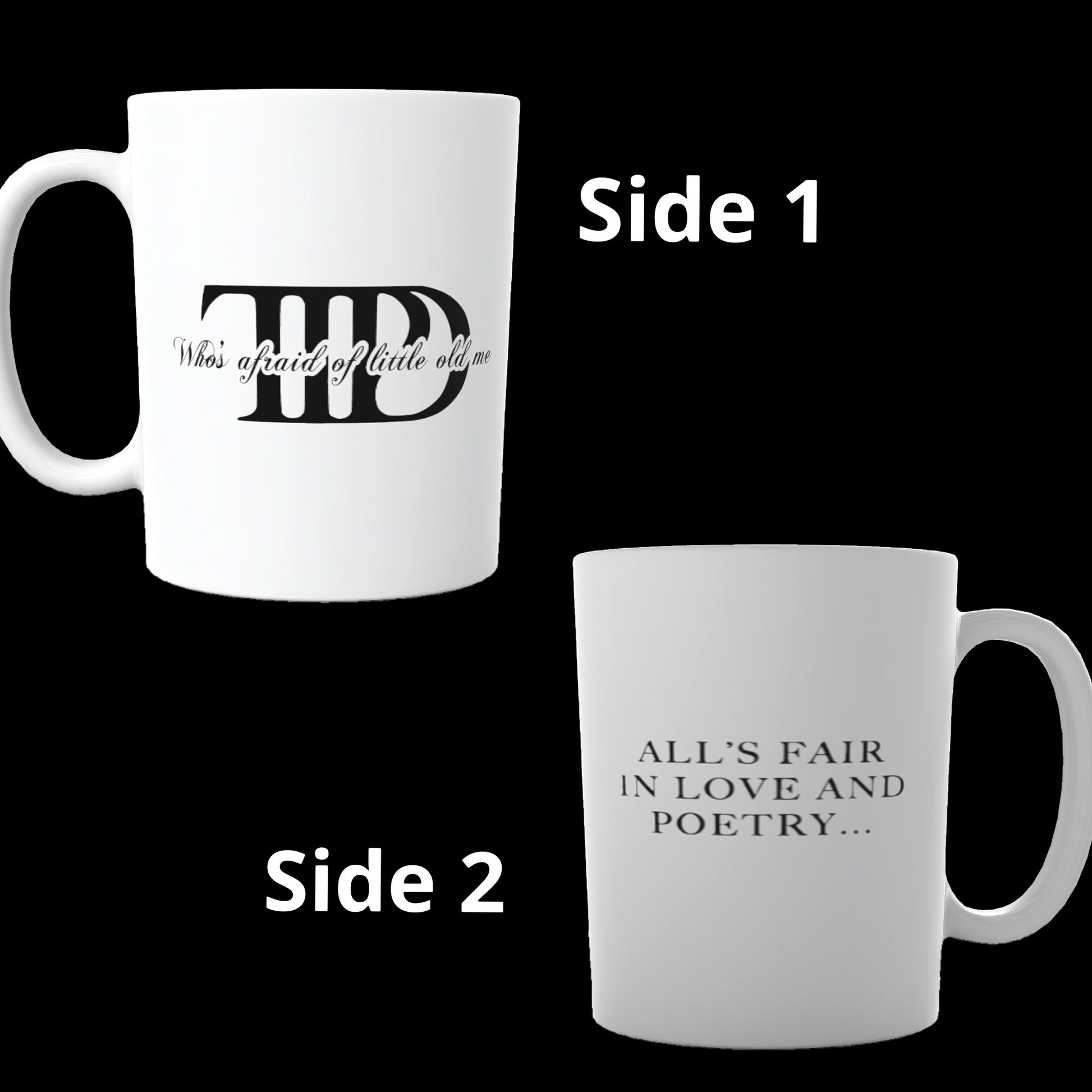 Displayed on a white circular platform against a black background is the TTPD Alls Fair in Love and Poetry | Who’s Afraid of Little Old Me ceramic mug by Kreative Kreationz. This white ceramic mug with a large handle features the name "Taylor Swift" and her stylized initials "TS" in black, making it a must-have for any dedicated Swiftie.