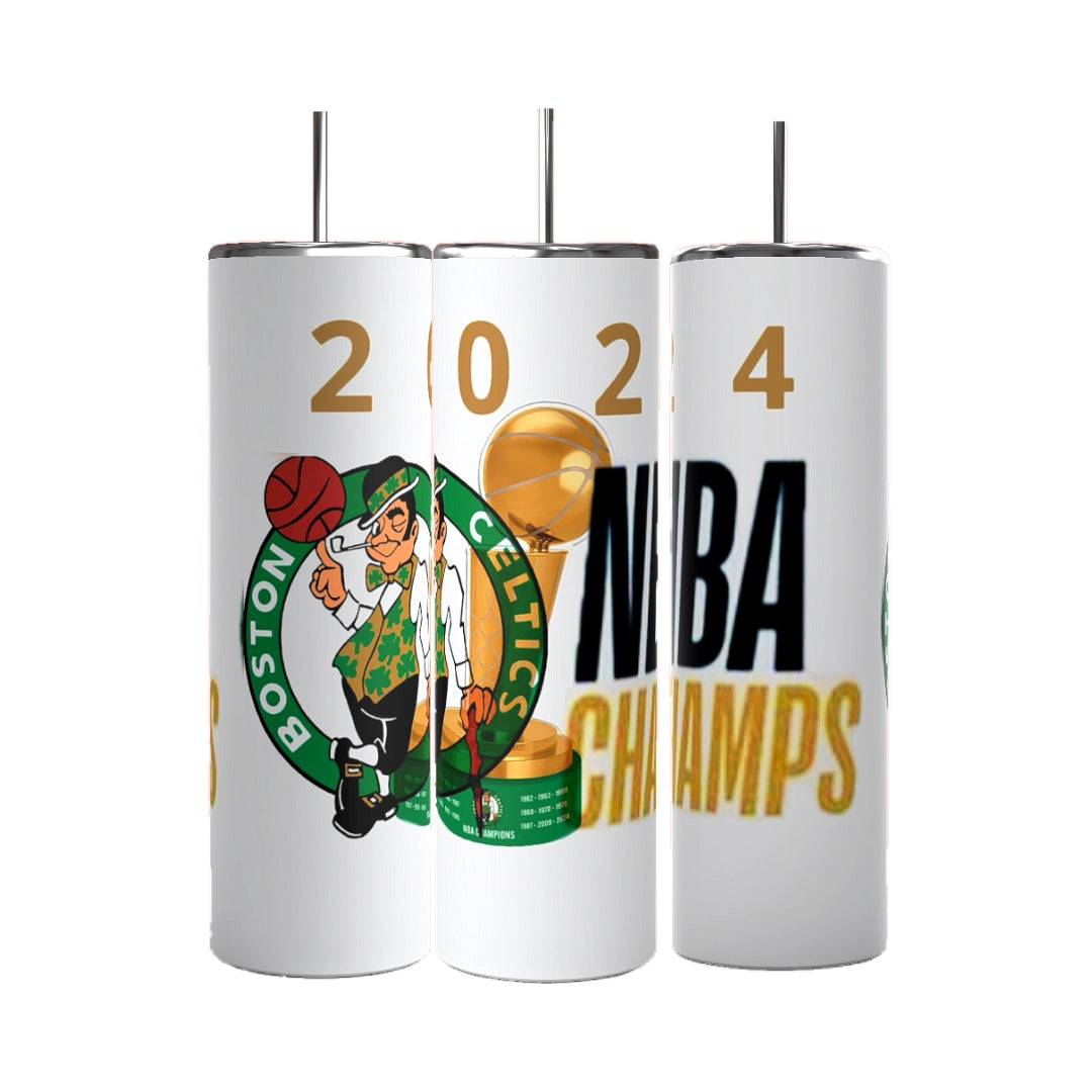 Three white Boston Celtics 2024 Champs Custom 20oz Tumblers by Kreative Kreationz are displayed in a row against a black background. The left tumbler features the Boston Celtics logo, the middle tumbler shows the digits "2024," and the right tumbler has the text "NBA Champs" in bold letters. These personalized tumblers make perfect memorabilia.