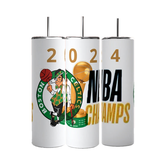 Three white Boston Celtics 2024 Champs Custom 20oz Tumblers by Kreative Kreationz are displayed in a row against a black background. The left tumbler features the Boston Celtics logo, the middle tumbler shows the digits 