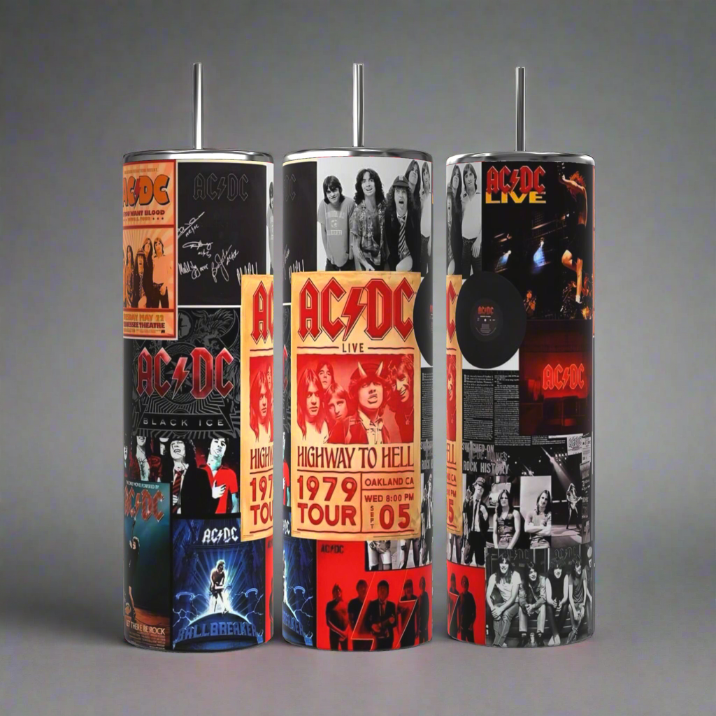 Three ACDC 20oz Tumblers by Kreative Kreationz are featured against a black background. Each tumbler comes with a spill-proof lid and boasts a cylindrical design that vibrantly showcases collage-style images and graphics from AC/DC, including album covers, band photos, and tour posters in bold red, black, and white.