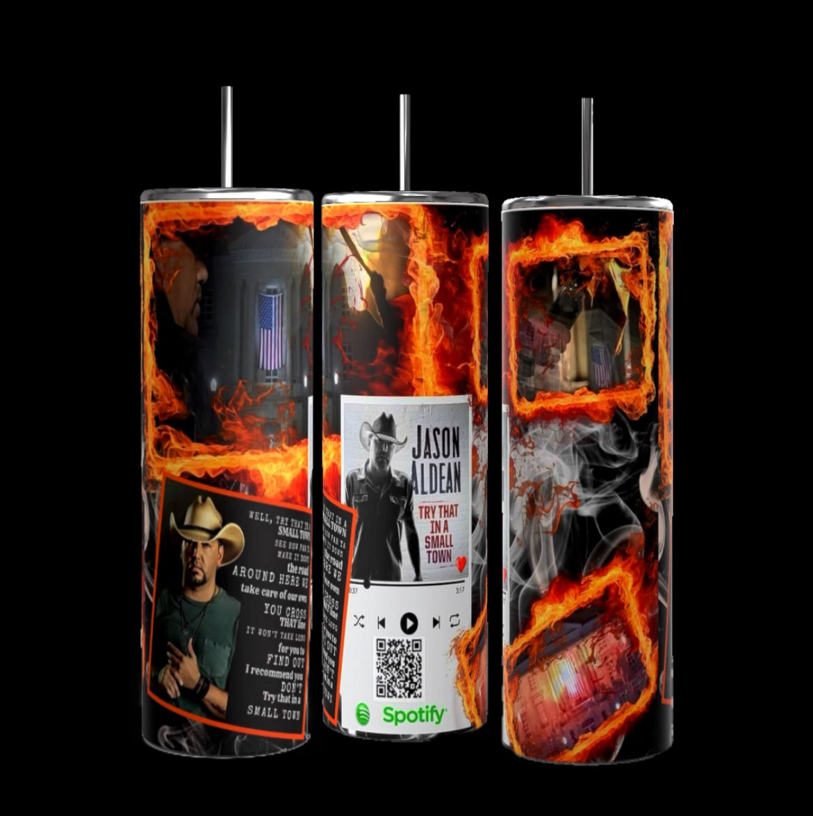 Three stainless steel black cylindrical drink tumblers from Kreative Kreationz, featuring artwork and imagery related to 2Pac's album "All Eyez on Me." The designs include a portrait of 2Pac, the album title, a gold record, and customized active QR code playlists. These 20-ounce Music Tumblers come with black straws and gold accents.