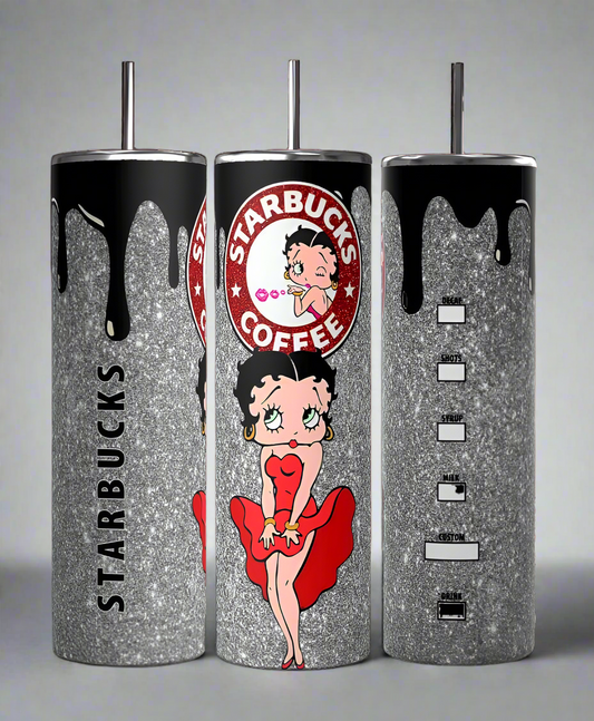 The Kreative Kreationz Betty B Starbucks 20oz Skinny Tumbler set includes three tall silver tumblers with glittery finishes, featuring cartoon designs and "Starbucks Coffee" logos. The Betty Boop tumbler has a drink progress tracker and paint drip pattern, all with spill-proof lids for convenience.