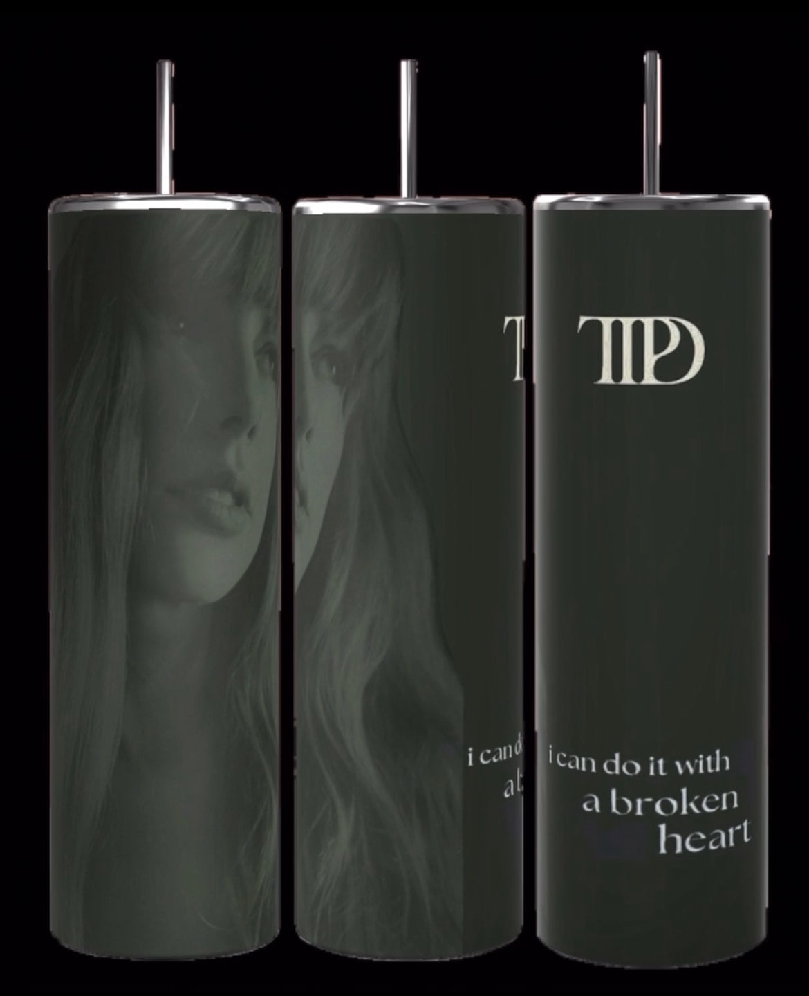 Three gray TTPD Lyrics 20oz Tumblers by Kreative Kreationz are displayed, each showcasing a black and white illustration of a thoughtful woman with long hair. Overlaid on the image is the text "I can fix him (no really, I can)" with a crossed-out version beneath it. These tumblers come equipped with reusable straws and spill-proof lids for added convenience.