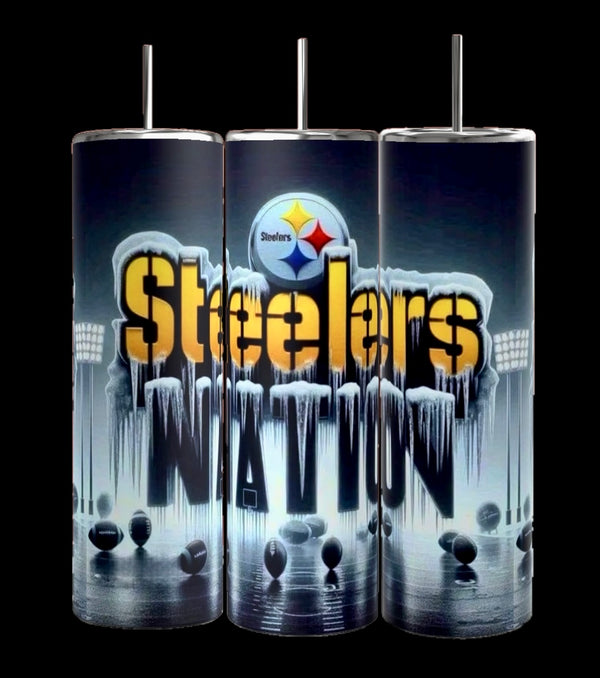 The Steelers Nation 20oz Skinny Tumbler by Kreative Kreationz features a vibrant design with "Steelers Nation" and a football field backdrop, showcasing the Pittsburgh Steelers logo, footballs, and stadium lights. Each tumbler comes with a spill-proof lid for convenience.