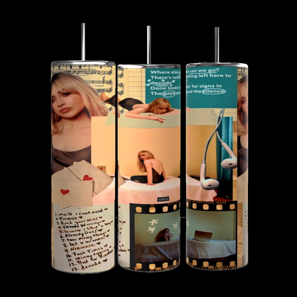 Three cylindrical tumblers with light blue backgrounds. Each features the word "Espresso" in elegant script along with various illustrations, including a woman with blonde hair, a coffee cup, coffee beans, and decorative elements like pearls and flowers. These Sabrina Carpenter 20oz Tumblers from Kreative Kreationz are designed to keep beverages hot or cold.