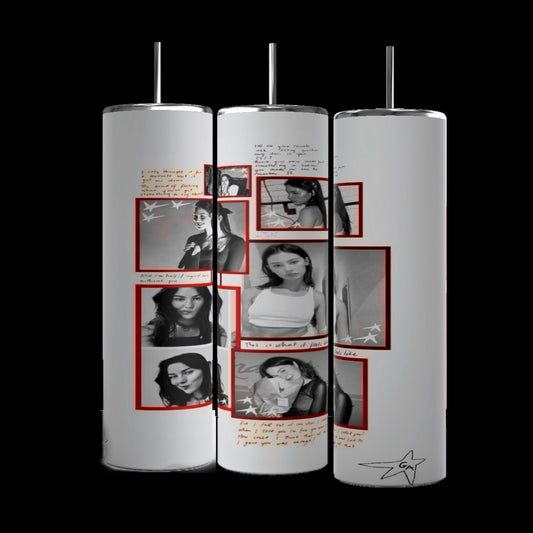 Three cylindrical art pieces, resembling the Gracie Abrams 20oz Skinny Tumbler from Kreative Kreationz, feature black-and-white photos of a woman in various poses. Each photo is surrounded by red rectangular frames, with handwritten notes and sketches decorating the margins. Crafted with durable construction, their plain gray background adds a minimalist touch.