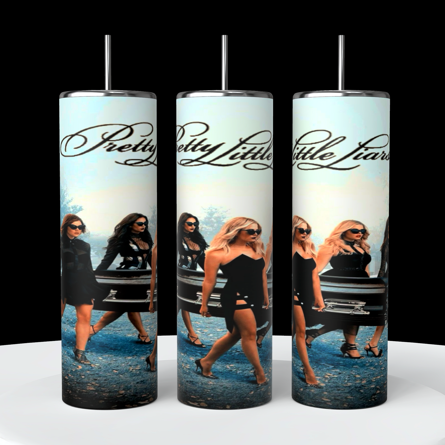 The PLL 20oz Tumblers by Kreative Kreationz feature an image and title from Pretty Little Liars. The design displays four women in black dresses and sunglasses walking confidently, with the show's title written in elegant script above them. These tumblers keep beverages hot or cold, making them perfect for any fan of the show.