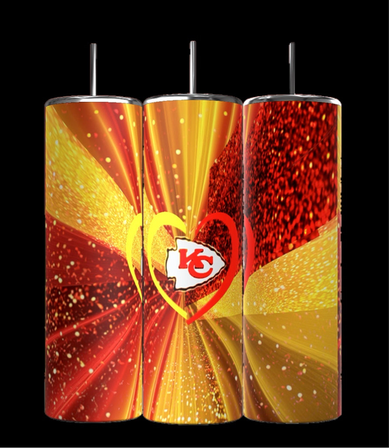 Three Kreative Kreationz Chiefs Heart 20oz Tumblers feature stainless steel construction with logos adorned in swirls of red and gold glitter, set against a backdrop of heart graphics.