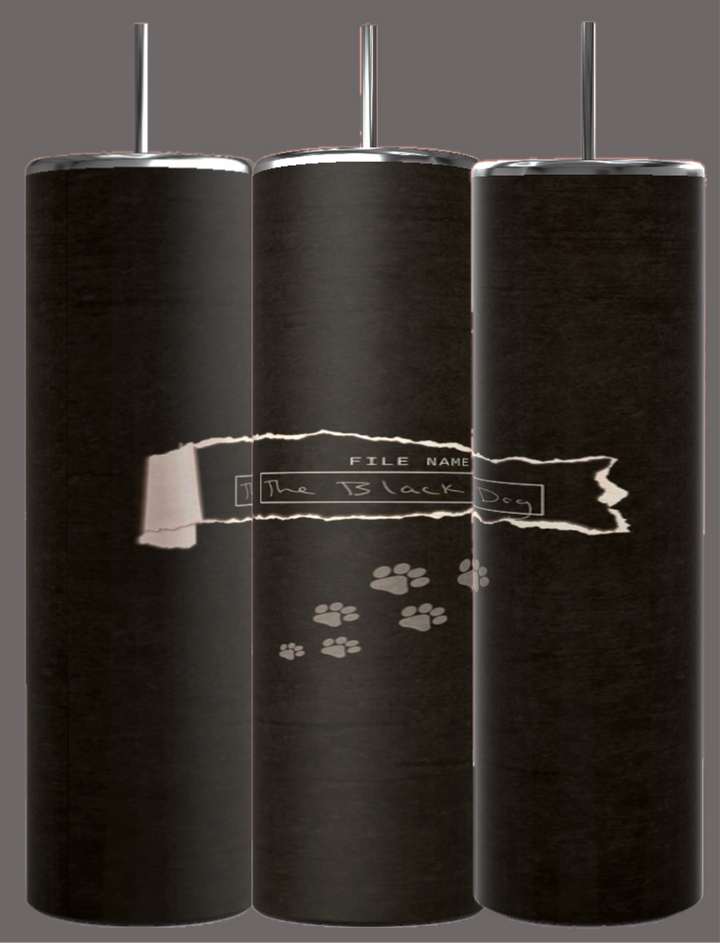 Three black cylindrical objects are aligned vertically, each with a narrow metallic rod extending from the top. The middle object features a torn piece of paper with the text "FILE NAME: The Black Dog" and scattered paw prints below it. Perfect for a TTPD The Black Dog 20oz Tumbler by Kreative Kreationz, which also comes with a reusable straw.