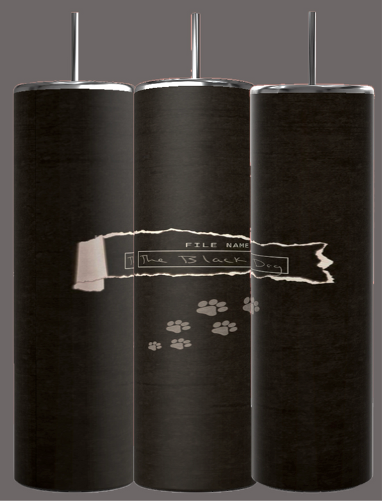 Three black cylindrical objects are aligned vertically, each with a narrow metallic rod extending from the top. The middle object features a torn piece of paper with the text 