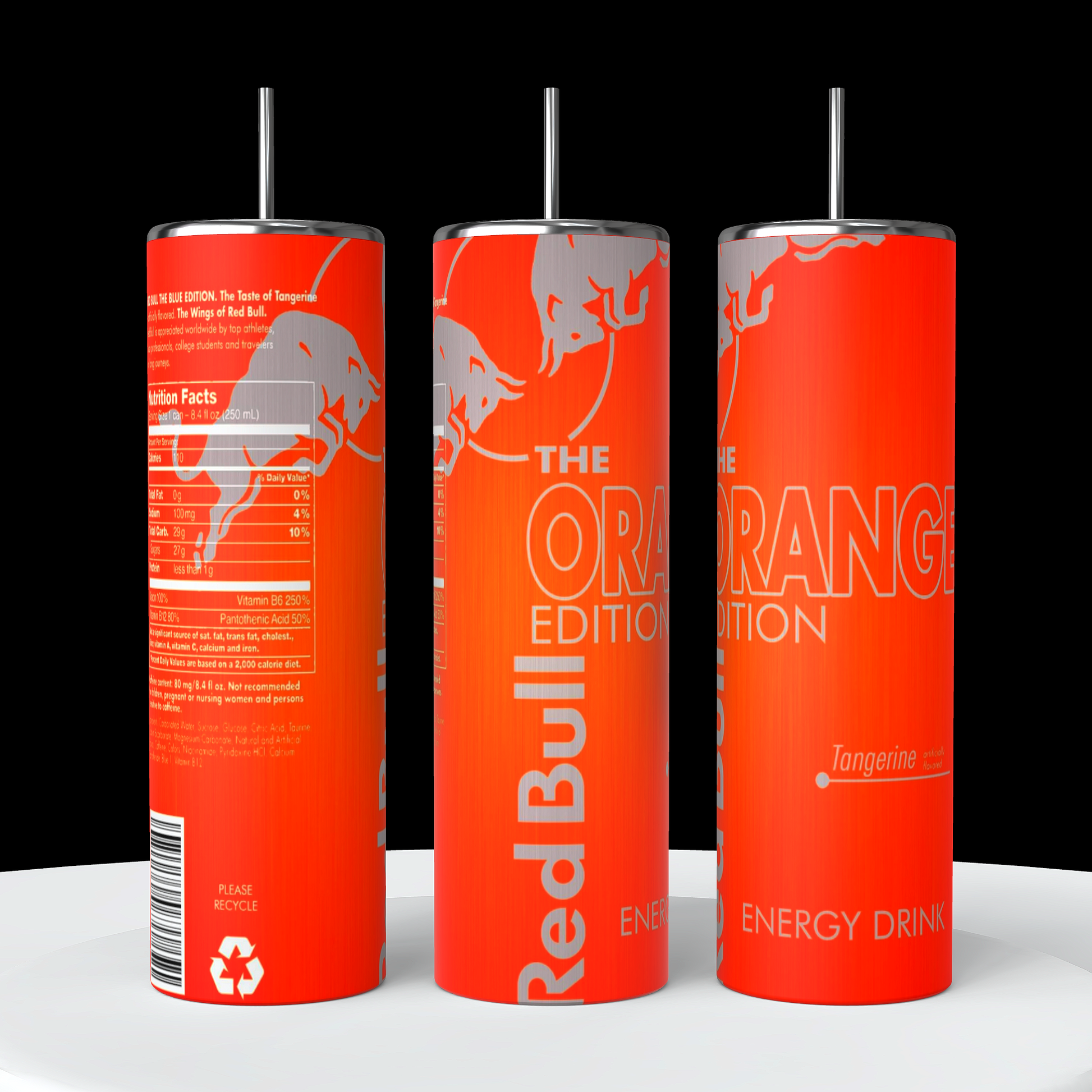 A collection of Red Bull lovers 20oz Tumblers from Kreative Kreationz, each displaying a different Red Bull flavor and distinct vibrant color. Arranged from left to right: Winter Edition (blue), Orange Edition (orange), Beach Edition (peach), Coconut Edition (white), Summer Edition (green), Original (silver), Sugarfree (white and blue stripe), and Tropical (yellow). Perfect for carrying your favorite energy drink without worrying about spills.