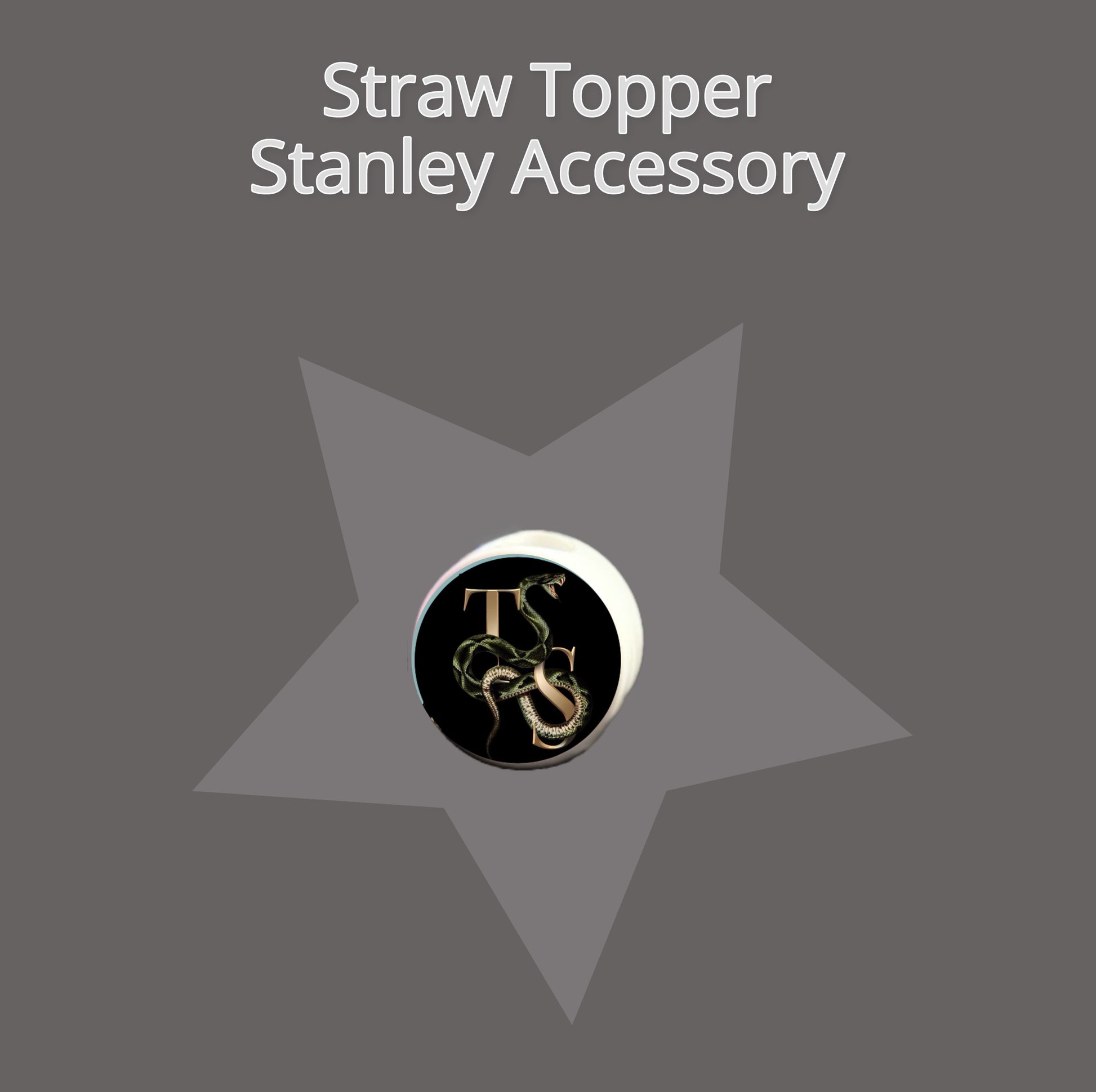 The "Taylor Swift | REP Straw Topper" by Kreative Kreationz features intertwined letters, possibly "TS," in TS Snake style, against a dark circular background. The star-like shape on the gray backdrop makes it an ideal Stanley accessory for Swifties.
.