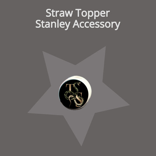 The "Taylor Swift | REP Straw Topper" by Kreative Kreationz features intertwined letters, possibly "TS," in TS Snake style, against a dark circular background. The star-like shape on the gray backdrop makes it an ideal Stanley accessory for Swifties.
.