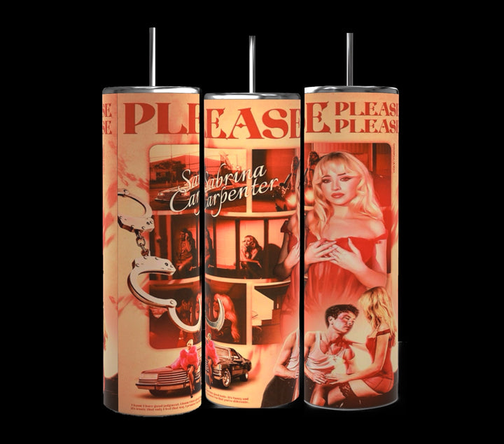 Three cylindrical 20 oz tumblers from Kreative Kreationz are shown side by side, each adorned with retro, vivid illustrations of people, handcuffs, and a sports car. Prominent text on the tumblers reads "PLEASE" and "Sabrina Carpenter." Each Sabrina Carlenter Please Please Please tumbler comes with a spill-proof lid and a reusable straw.