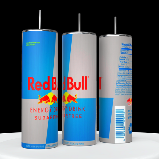 Three tall cans of Red Bull Sugarfree energy drink are displayed against a black background, showcasing their iconic Red Bull logo and branding with the text "Red Bull Energy Drink Sugarfree." The cans' durable construction mirrors that of the Kreative Kreationz Sugar Free Red Bull 20oz Tumbler. Nutritional information on one can is clearly visible.