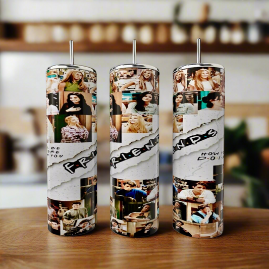 Three luxurious Kreative Kreationz Friends 20oz stainless steel tumblers feature iconic scenes and characters from the popular TV show, with "FRIENDS," "I'll be there for you," and "How you doin'?" on these eco-friendly reusable wonders.