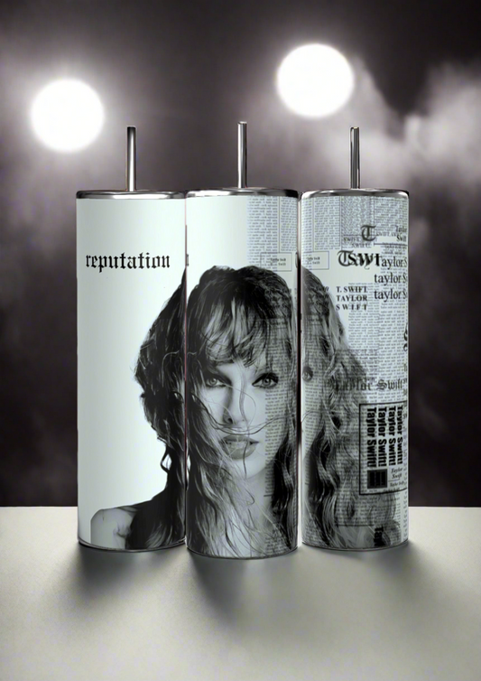 Three Tea Bridgerton 20oz Stainless Steel Tumblers by Kreative Kreationz are shown. The left two display silhouettes of women, flowers, and the text "Spill the Tea - Lady Whistledown’s Society Papers - Extraordinary People, Extraordinary News." The right tumbler features a large pink ribbon and bow design. Each tumbler includes a reusable straw.