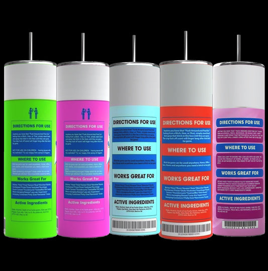 Five vibrant spray cans in green, pink, blue, red, and blue-purple are perfect for your creative projects and sit beside Kreative Kreationz's sleek Bitch Be Gone 20oz Tumbler. Each can includes sections like "Directions for Use" and "Where to Use," enhancing the tumbler's modern design.