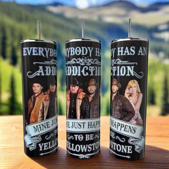 The Yellowstone Addiction 20oz Tumblers by Kreative Kreationz, featuring Western-attired figures with text 