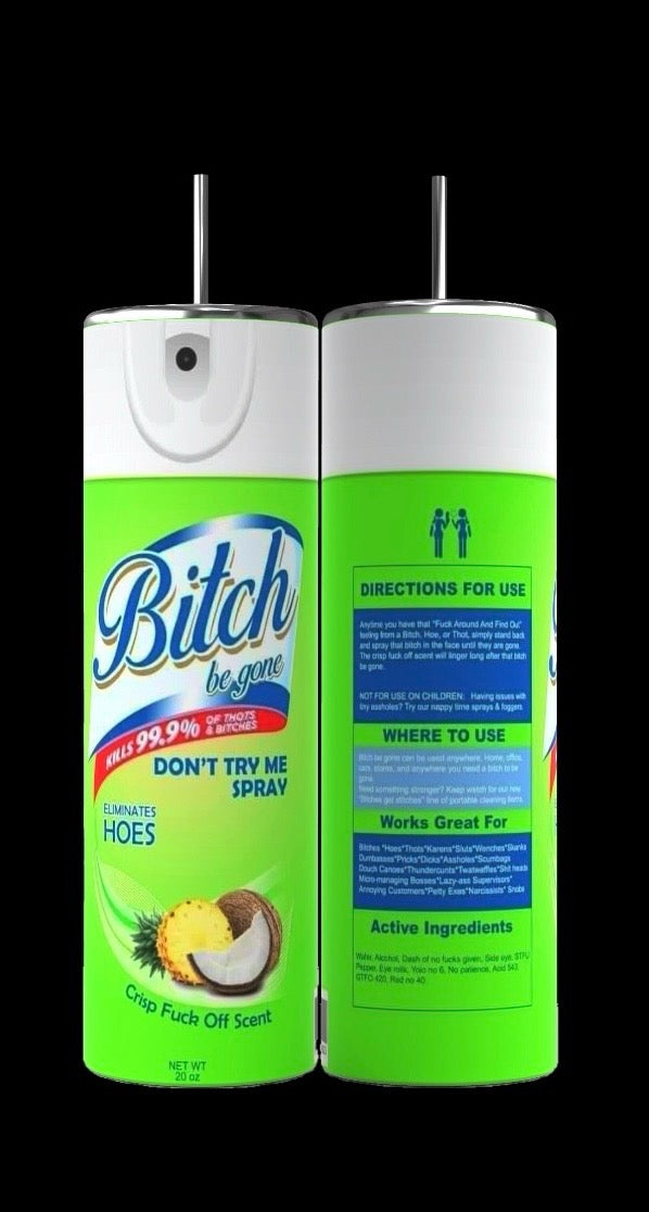 Kreative Kreationz's 20oz "Bitch Be Gone" tumbler playfully promises to eliminate unwanted people with a "crisp fuck off scent," humorously claiming to repel 99.9% of "hoes." Reliable like a stainless steel tumbler, it adds fun to your day.