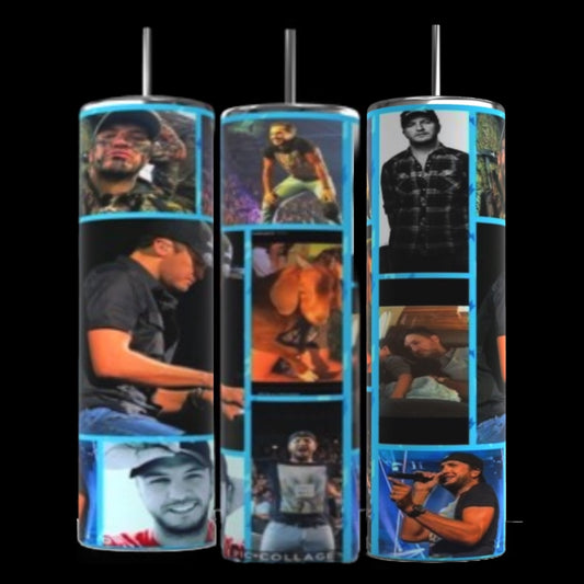 Three cylindrical objects, identified as Luke Combs 20oz Stainless Steel Tumblers by Kreative Kreationz, are shown with a collage of photographs of a man, featuring various candid and posed images, including one of him performing, another with his arms crossed, and others in casual settings.