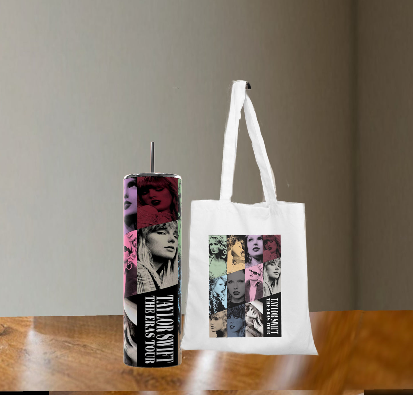 A tall 20oz tumbler and a white canvas bag from the "Eras Tumbler/Bag Gift Set" by Kreative Kreationz are displayed on a wooden surface. Both items feature colorful, artistic portraits of a woman alongside the text "The Eras Tour," showcasing different styles and expressions.