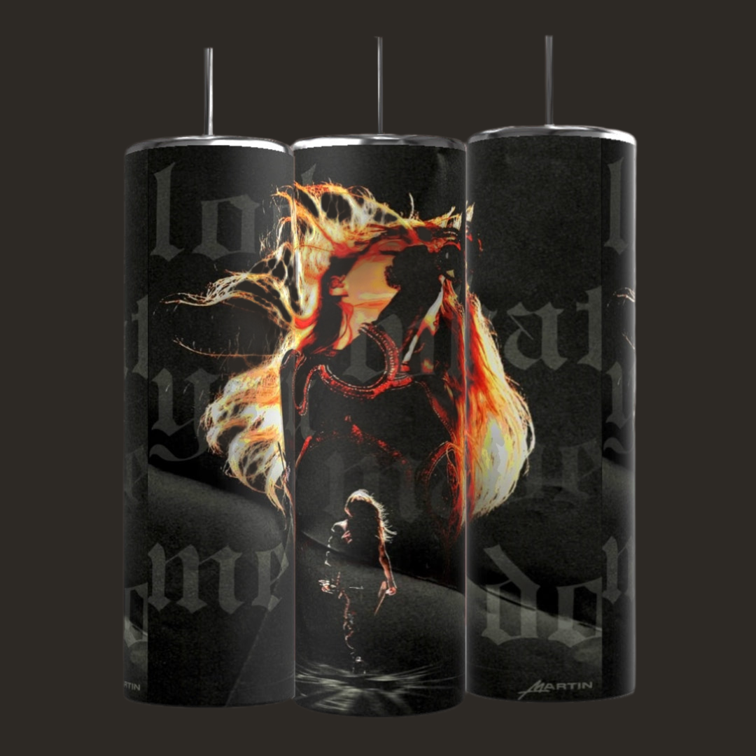 Three black cylindrical REP ERA - 20oz Skinny Tumblers from Kreative Kreationz feature striking artwork of a silhouette standing before a blazing horse, accentuated by elegant dark text. This eco-friendly design adds personalized perfection to your drinkware collection.