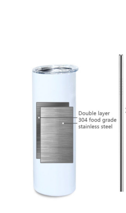 Introducing the FENDI Marble 20oz Skinny Tumbler by Kreative Kreationz, featuring a sleek design with a diagram that highlights its double-wall insulation and 304 food-grade stainless steel construction.