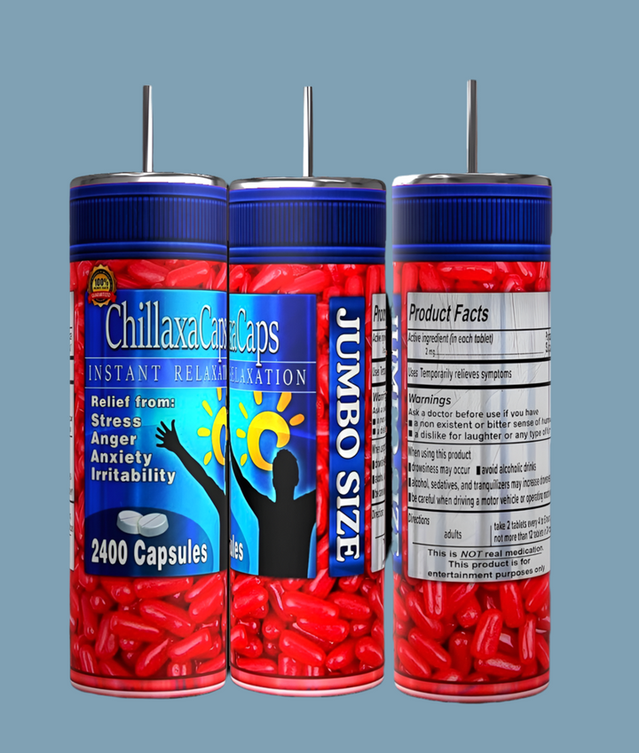 Three cylindrical containers labeled "ChillaxaCaps," each holding 2400 red capsules, promise relief from stress, anger, anxiety, and irritability with a focus on instant relaxation. Complement them with a personalized Chillax Adult Issues 20oz Skinny Tumbler from Kreative Kreationz for the ultimate calming experience.