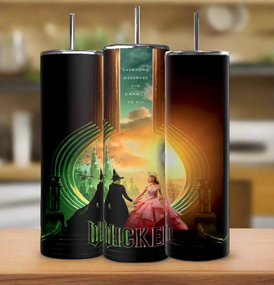 Kreative Kreationz offers a set of three stainless steel 20oz Tumblers, each with a "Wicked" theme. One tumbler displays "Everyone Deserves the Chance to Fly" and character silhouettes, another features a green cityscape, and the last one showcases a golden-lit scene.