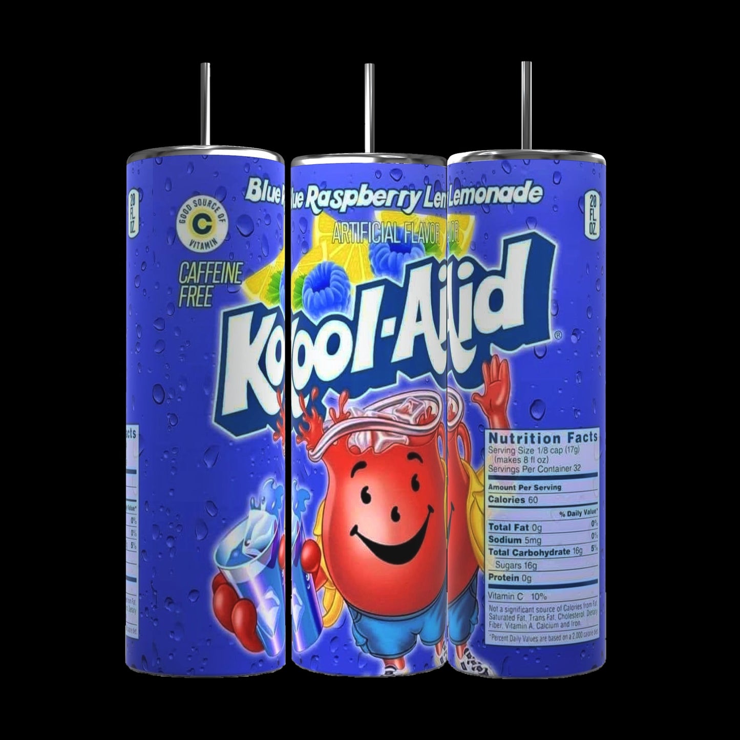 Three cans of Kool-Aid Blue Raspberry Lemonade are arranged in a row on a kitchen counter. The label features a cartoon Kool-Aid Man holding a pitcher. Each can states "Caffeine Free" and displays nutrition facts. Nearby sits a Kreative Kreationz's Kool Aif 20 ounce skinny tumbler with a spill-proof lid, perfect for keeping your beverages hot or cold.