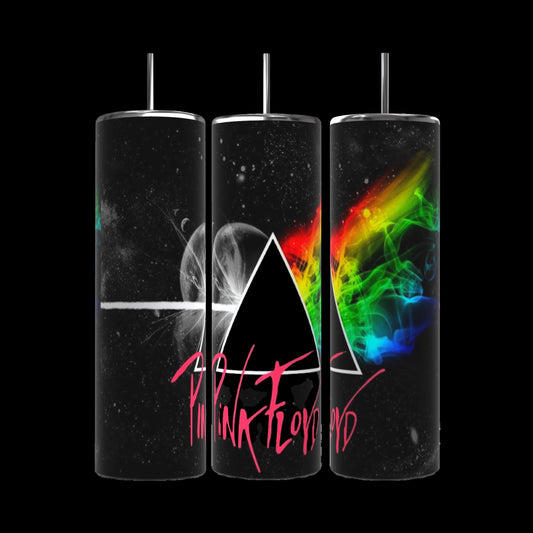 Three black tumblers from Kreative Kreationz are depicted, each featuring the iconic prism image from Pink Floyd's album "The Dark Side of the Moon," with a rainbow spectrum emerging from a triangle. One durable 20oz Pink Floyd tumbler displays "Pink Floyd" in pink, graffiti-style text at the bottom.