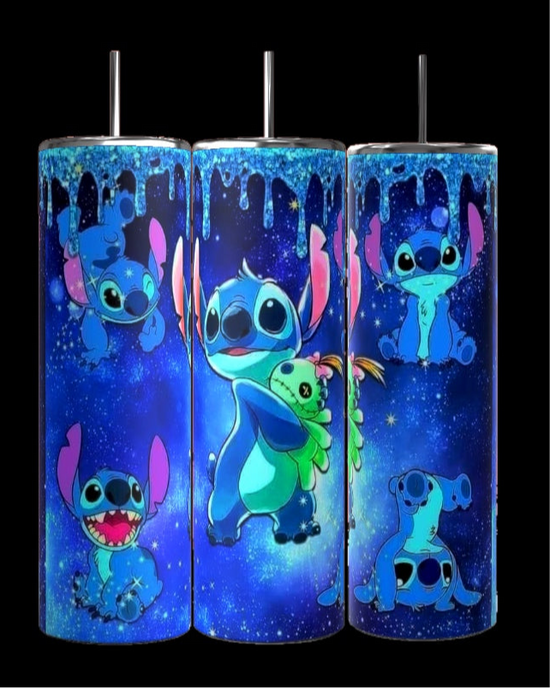 The Stitch Glitter 20oz Tumbler from Kreative Kreationz showcases a lively design of Stitch in playful poses set against a starry, cosmic background, complete with whimsical expressions and a hint of glitter drip that bring fun and energy to your drinkware collection.