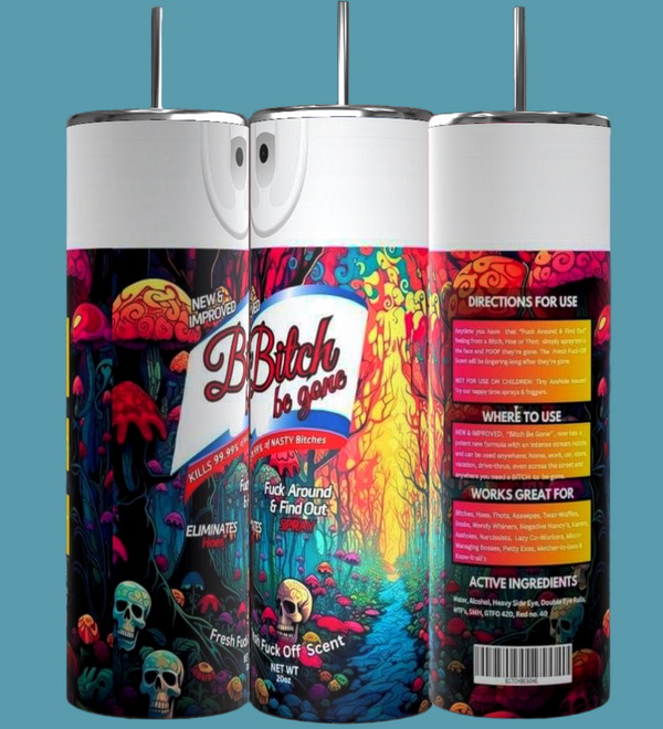 Three "Halloween Bitch Spray 20oz Tumbler" cans from Kreative Kreationz are displayed against a blue background. The cans showcase colorful, psychedelic designs featuring skulls, mushrooms, and vibrant patterns. The labels highlight its effectiveness, provide directions for use, and list the ingredients—ideal for your Halloween Bitch Spray collection.