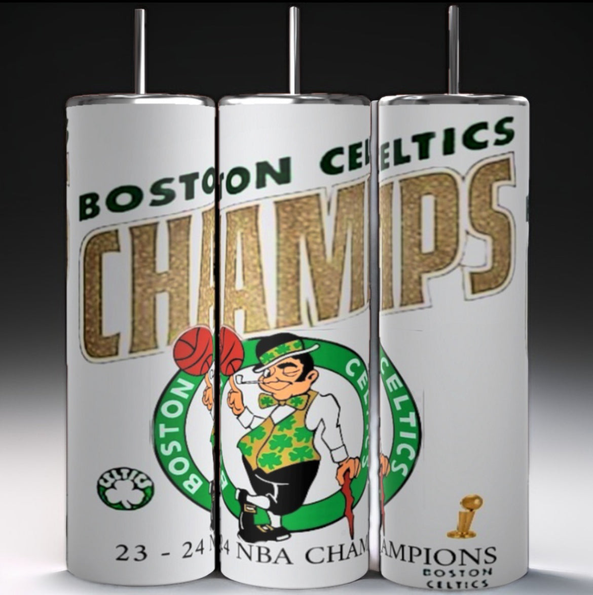 Three tall, white Celtics Champs custom 23-24 20oz Tumblers from Kreative Kreationz feature the Boston Celtics logo and text reading "Boston Celtics Champs 23-24 NBA Champions." A leprechaun with a basketball is also depicted, along with a small championship trophy at the bottom. Each tumbler boasts a durable construction.