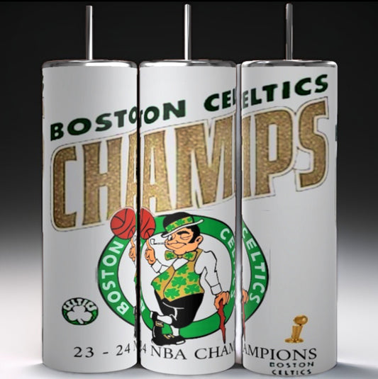 Three tall, white Celtics Champs custom 23-24 20oz Tumblers from Kreative Kreationz feature the Boston Celtics logo and text reading "Boston Celtics Champs 23-24 NBA Champions." A leprechaun with a basketball is also depicted, along with a small championship trophy at the bottom. Each tumbler boasts a durable construction.