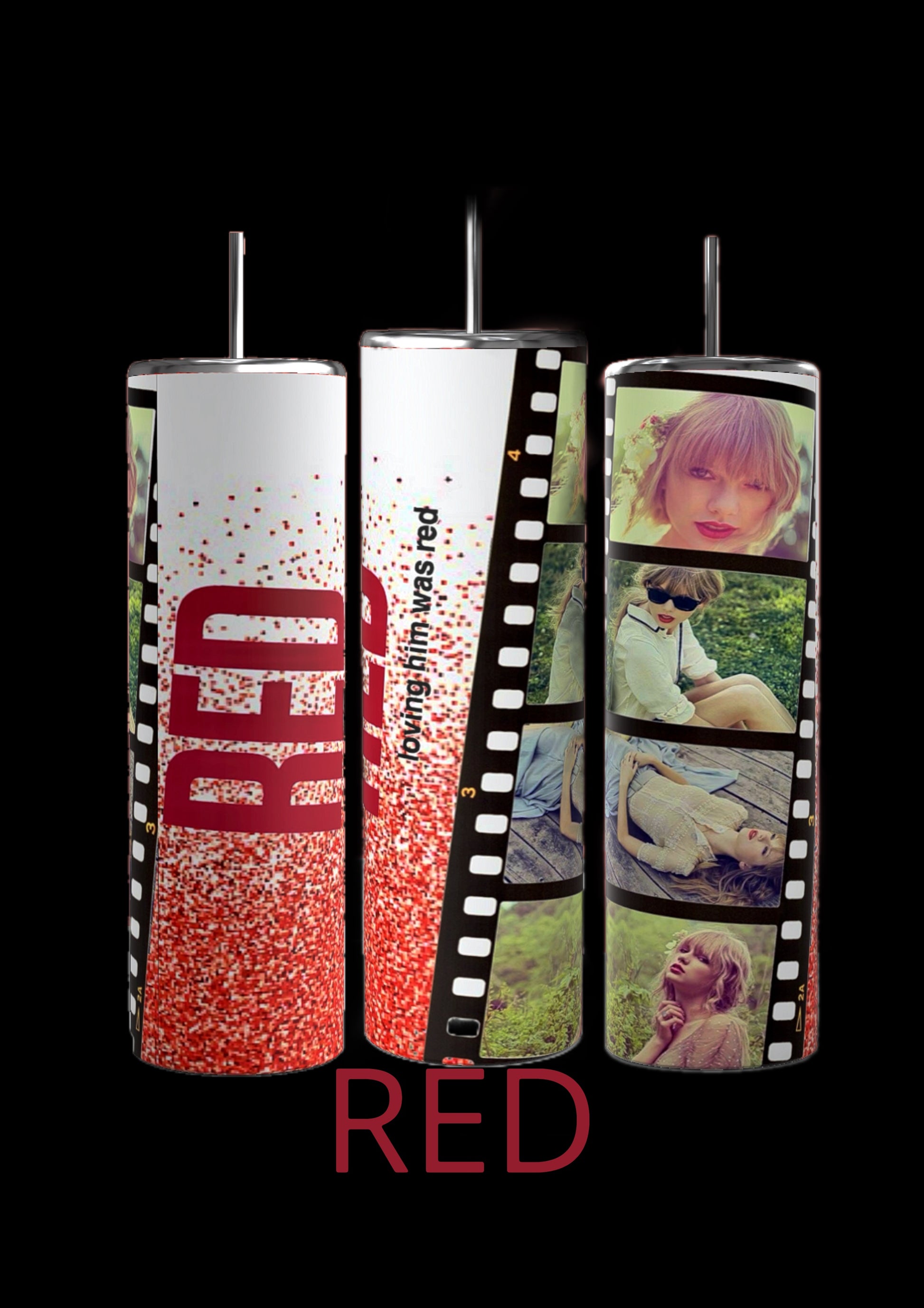 Three Taylor Swift ERAS 20oz Tumblers by Kreative Kreationz against a black background showcase images and text, resembling a film strip with photos of Taylor Swift in various outdoor settings. The word "RED" is prominently displayed on the left, and "nothing but the film was red" is written vertically on the middle tumbler.