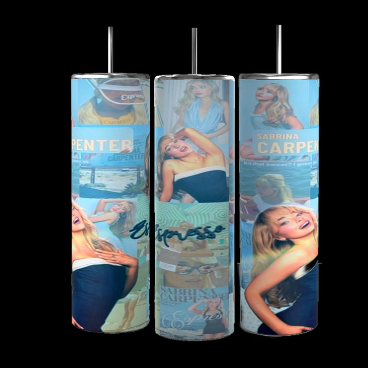 The Kreative Kreationz Sabrina Carpenter 20oz tumblers feature thin, cylindrical drinkware adorned with images of a woman in various poses, album covers, and artistic designs. The text "Sabrina Carpenter Collection" is elegantly written at the bottom center. These tumblers are specifically designed to keep beverages hot or cold for hours.