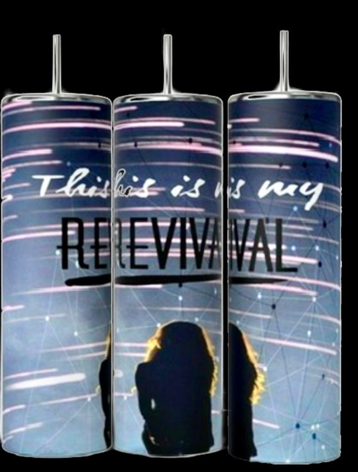 Three Selena Gomez The Revival 20oz Stainless Steel Tumblers from Kreative Kreationz feature a graphic design with the text "This is my REVIVAL" against a dark background adorned with abstract lines and dots. The lower portion depicts silhouettes of people. These tumblers are aligned on an outdoor surface.