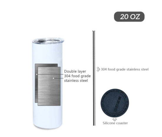 Image showing three tall, cylindrical Olivia Rodrigo 20oz Tumblers by Kreative Kreationz, each equipped with a metal straw. The tumblers feature a blue background with a silhouette of a dancing figure on two of them and the name 