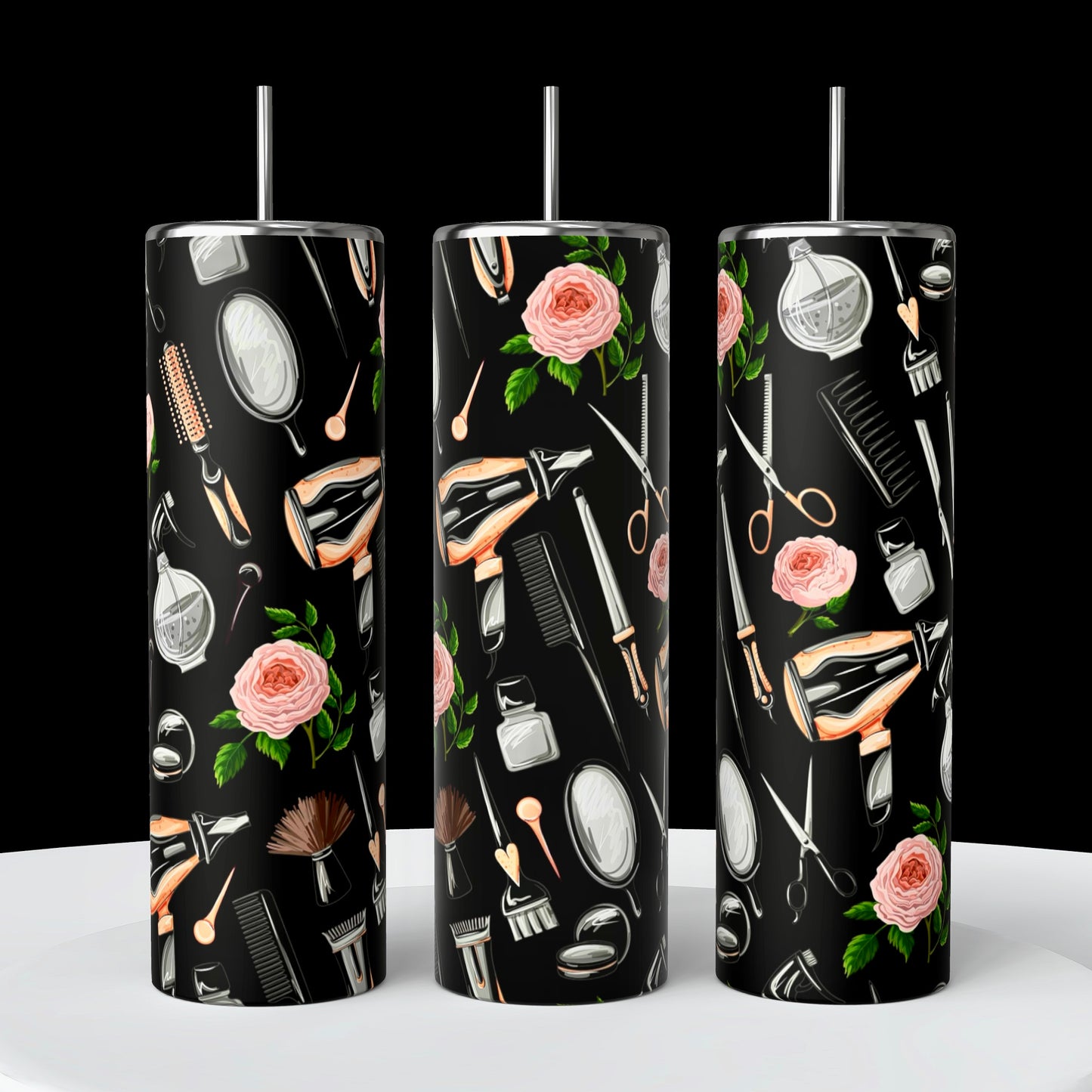 Three cylindrical tumblers from the Hairstylist Collection by Kreative Kreationz are displayed against a black background. Each 20oz tumbler showcases a pattern of various hairstyling tools, including scissors, clippers, combs, hairdryers, mirrors, and pink roses on a black background. Experience durable construction with every use.