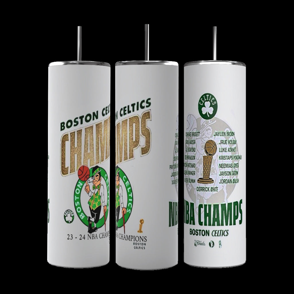 Three "Celtics 23-24 Champion 20oz Tumblers" by Kreative Kreationz, set against a black background. These designed tumblers display "Celtic 23-24 Champions" along with multiple logos, including the Celtics mascot. One of the tumblers lists the team's roster, and all feature decorative elements in green, white, and gold.